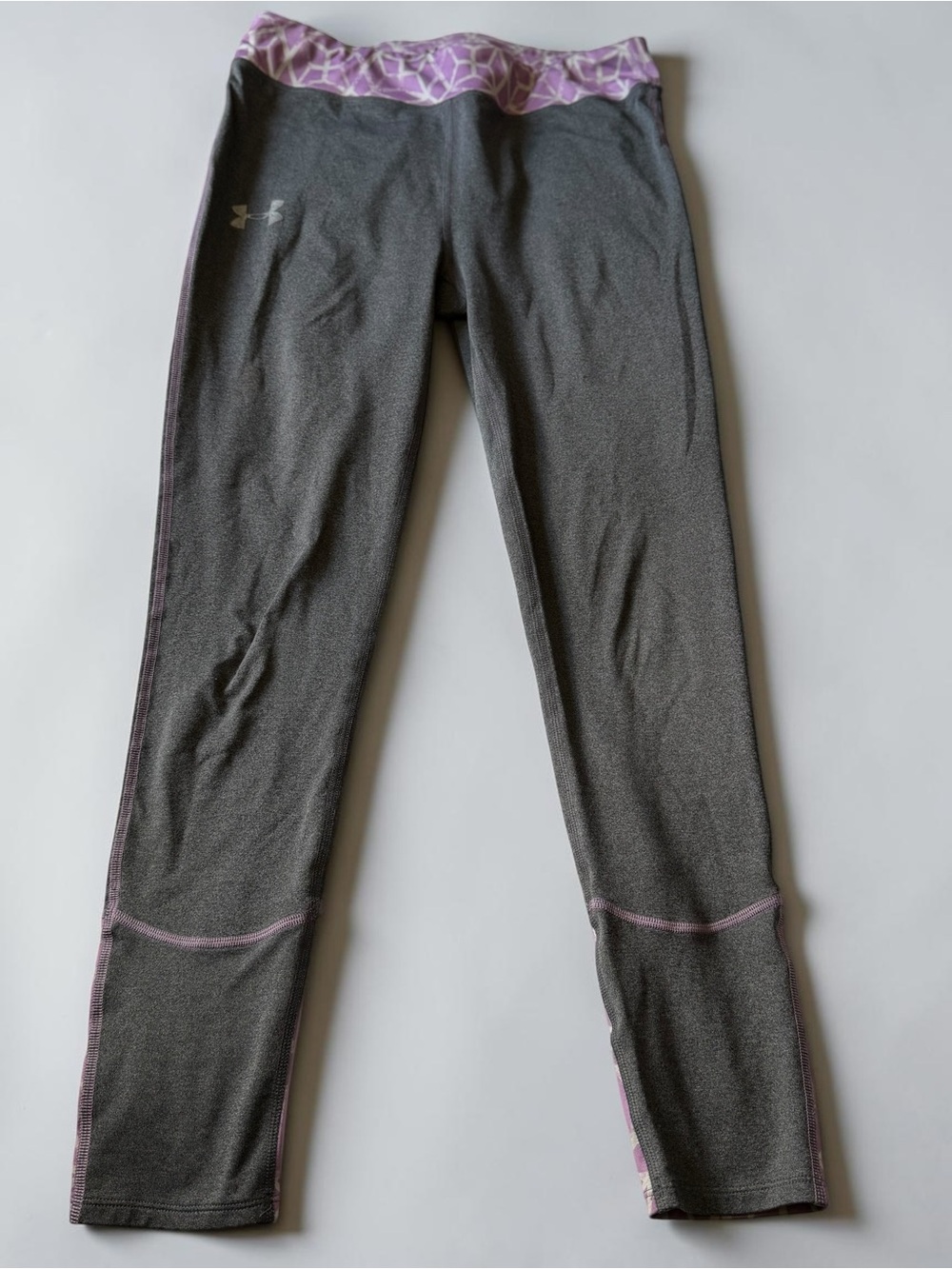 Under Armour ColdGear Girls Gray Purple Athletic Leggings YLG Compression Pants